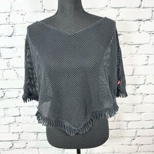 XCVI Wearables Open Weave Poncho Bolero Mesh Fishnet Fringe Black Boho Western